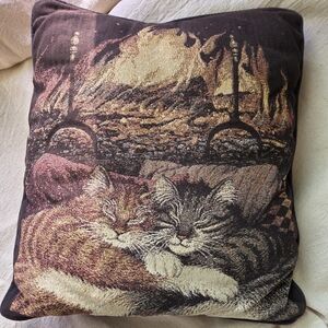 Tapestry Pillow, Cuddling cats before a fireplace 14" by 15" Browns & Golds